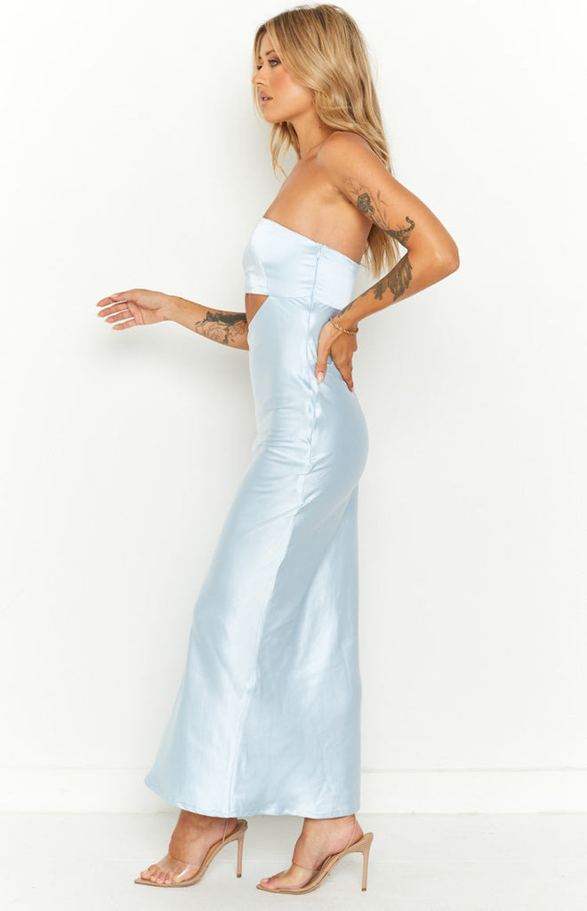 blue silver strapless dress