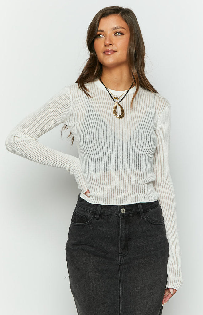 Gems Sheer White Knit Long Sleeve Top – Beginning Boutique US