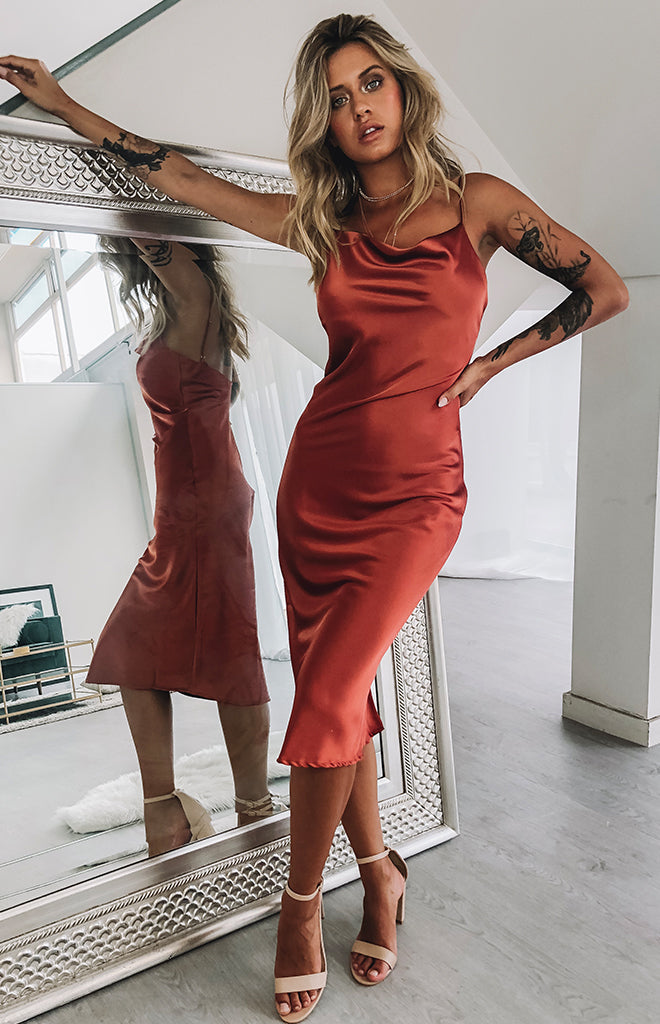 Schiffer Slip Midi Dress Rust – Beginning Boutique US