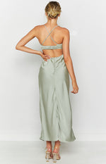 Taleah Formal Dress Sage Satin Gown Corset Style Maxi with Split