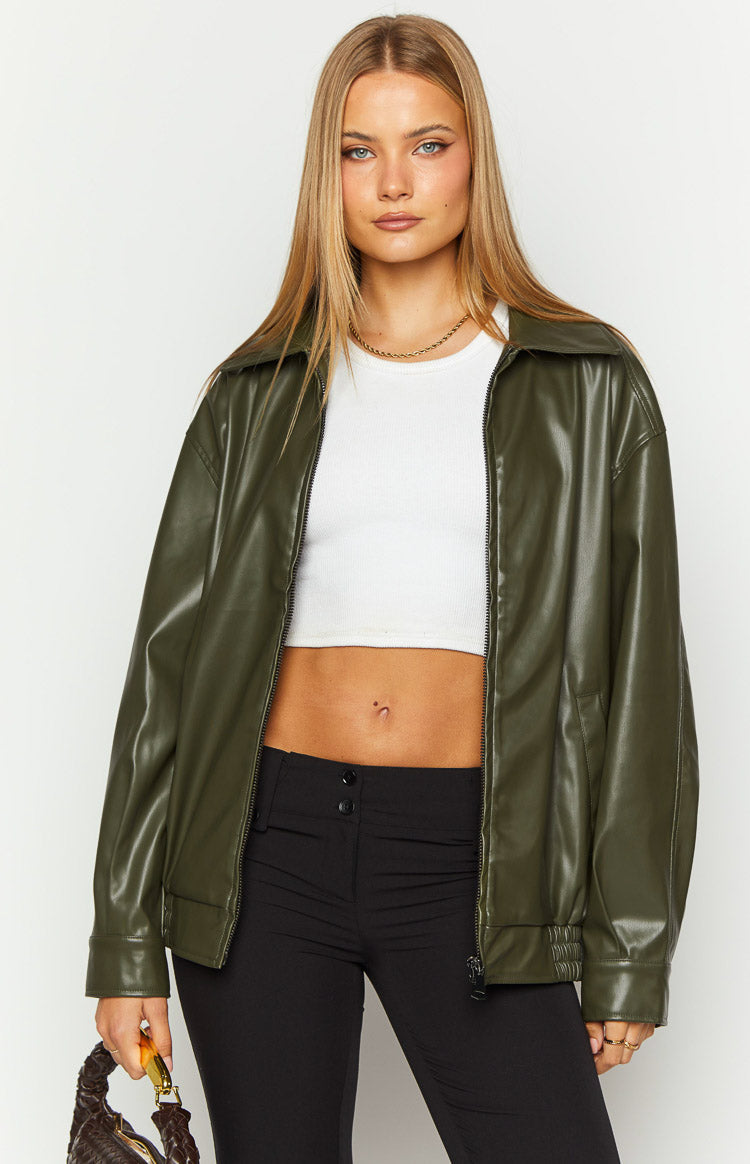 Abbi PU Olive Bomber Jacket – Beginning Boutique US