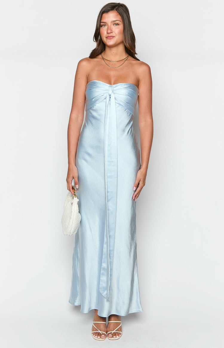 Ariella Blue Satin Strapless Maxi Dress Image