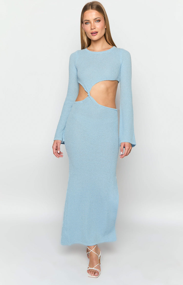 Arya Blue Long Sleeve Knit Maxi Dress Image