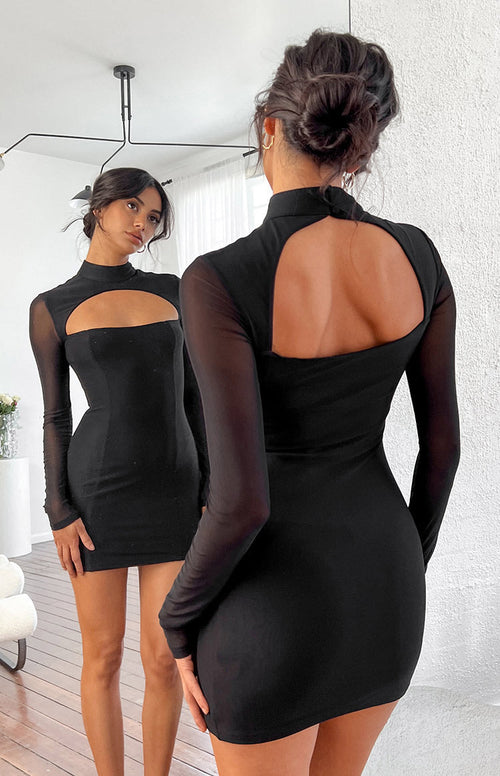 Aurora - Long-Sleeve V-Neck Houndstooth Print Single-Breasted Mini A-Line  Dress