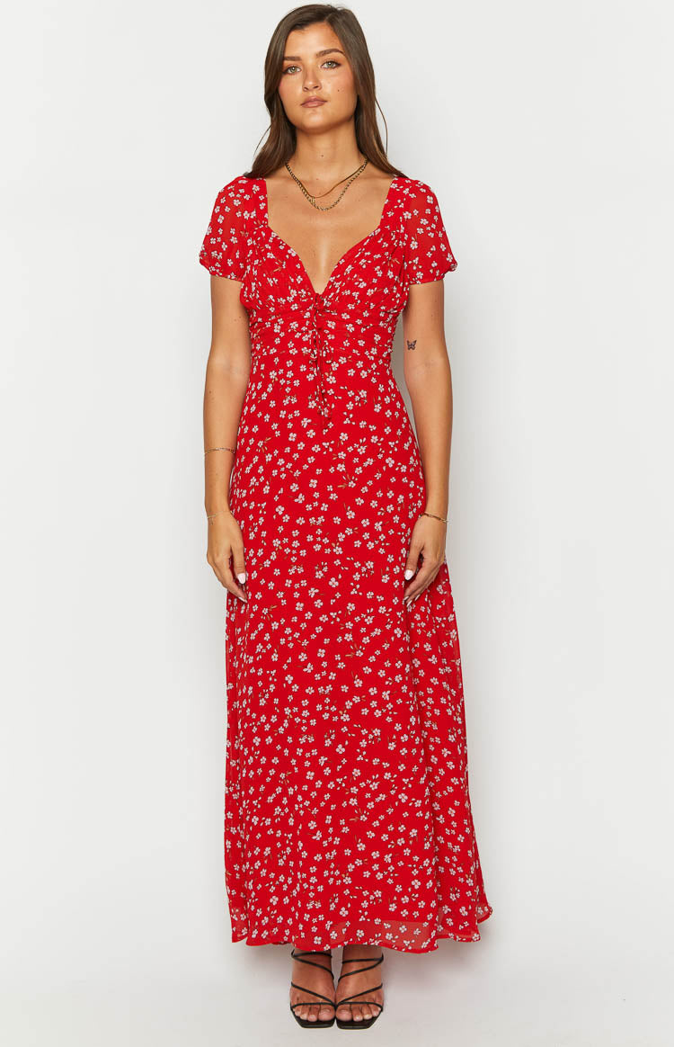 Ayla Red Floral Short Sleeve Maxi Dress – Beginning Boutique US