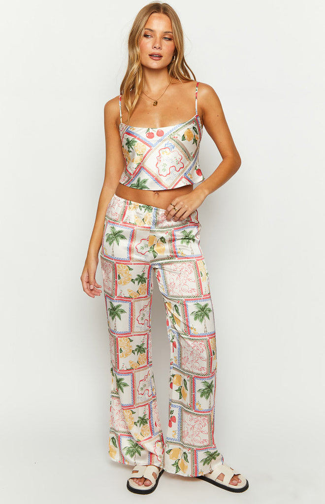 Bridget White Satin Roma Print Pants – Beginning Boutique US