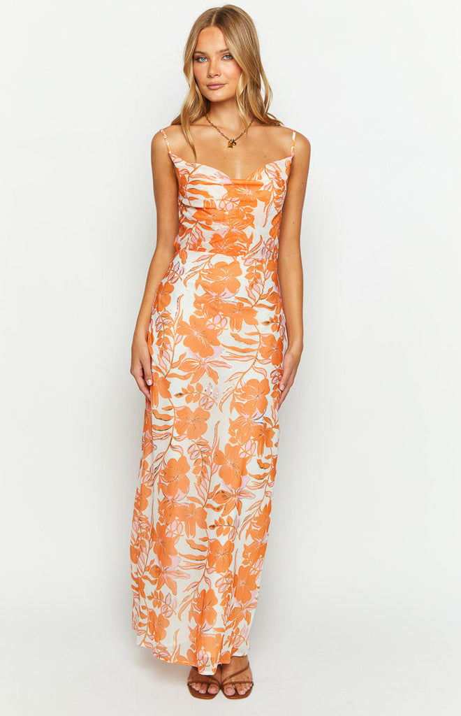 Cambri Orange Floral Chiffon Maxi Dress – Beginning Boutique US