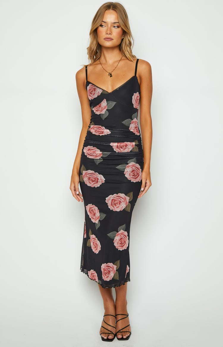 Capri Black Floral Mesh Midi Dress – Beginning Boutique US