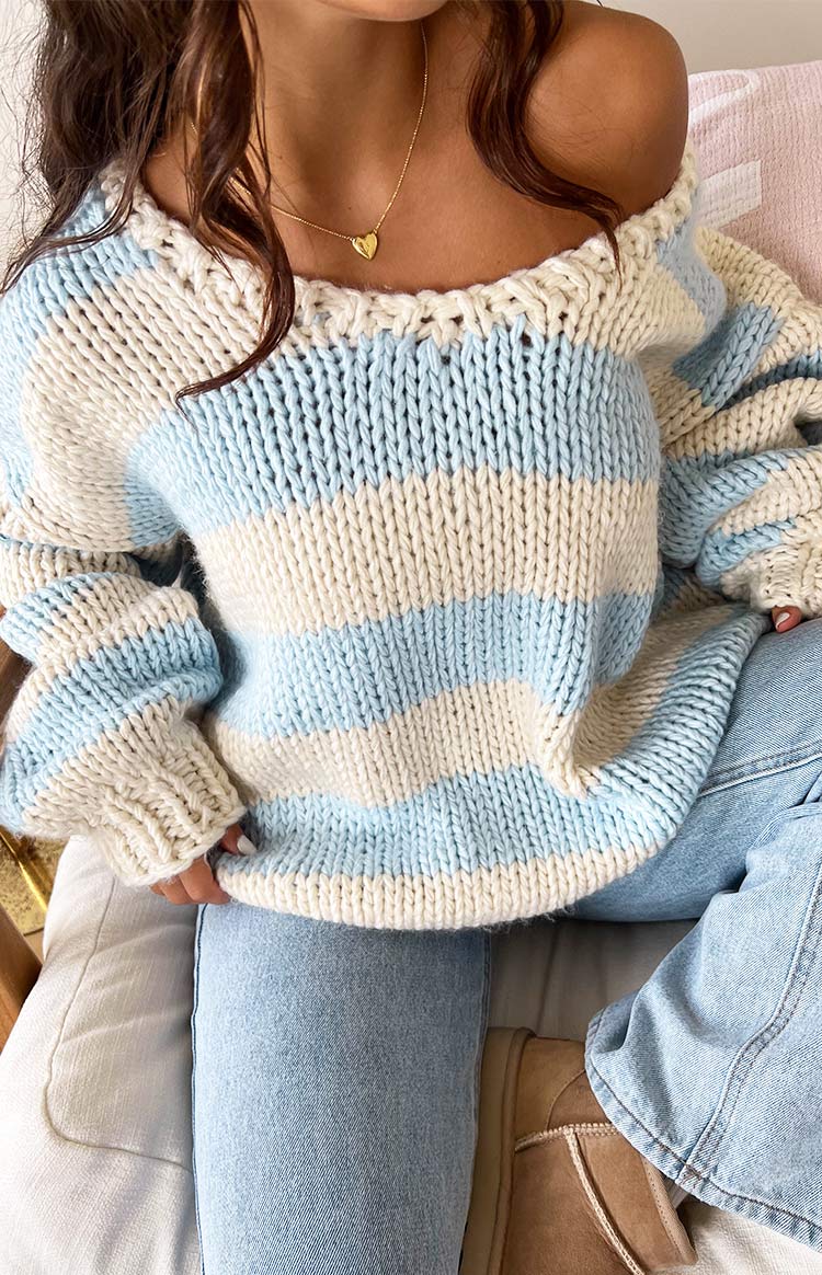 Delvey Light Blue Striped Chunky Knit Sweater Beginning Boutique US