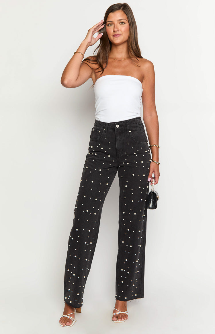 Denim Dazzle Pearl Black High Waisted Jeans Image