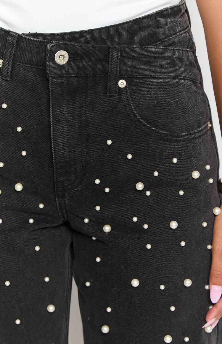 Denim Dazzle Pearl Black High Waisted Jeans Image