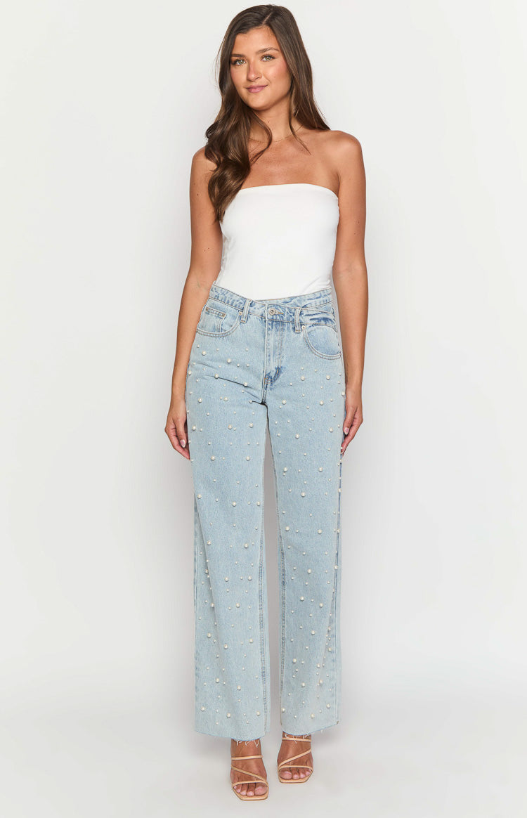 Denim Dazzle Pearl Light Wash High Waisted Jeans Image