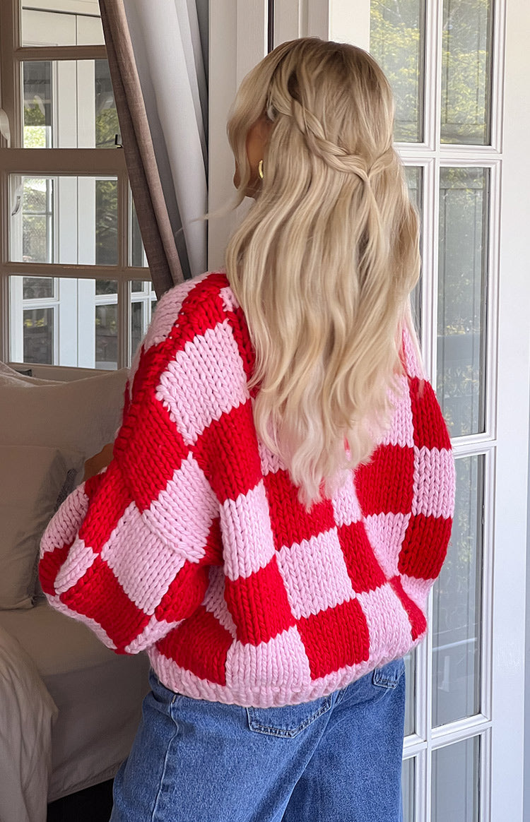 Envi Pink And Red Checkered Knit Cardigan Image