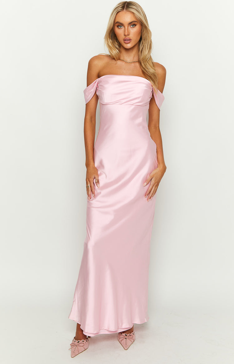 Simple pink off shoulder long prom dress, pink evening dress