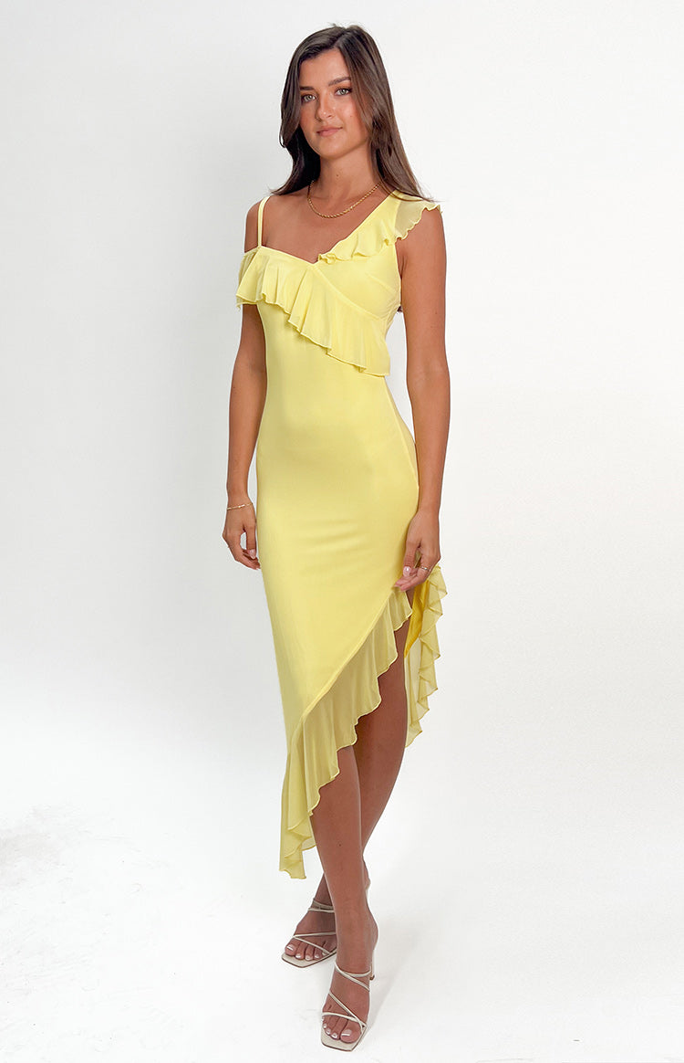 Everleene Yellow Ruffle Mesh Midi Dress Beginning Boutique US