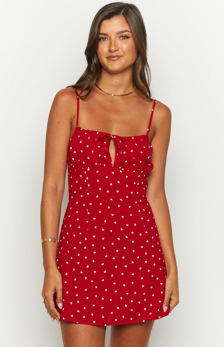 Everlong Red Heart Print Mini Dress – Beginning Boutique US