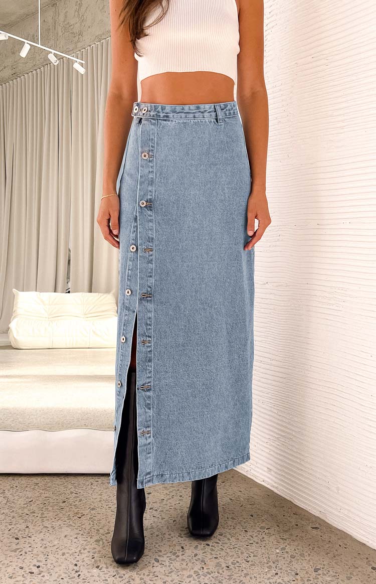 Denim Maxi Skirt in 2023 | Long denim skirt, Denim maxi skirt, Denim corset  top