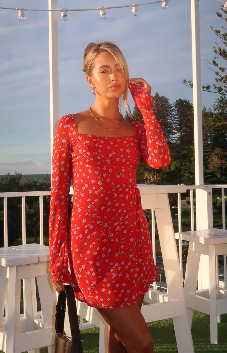 Goldie Red Floral Long Sleeve Mini Dress Shop Mini Dresses by Beginning Boutique