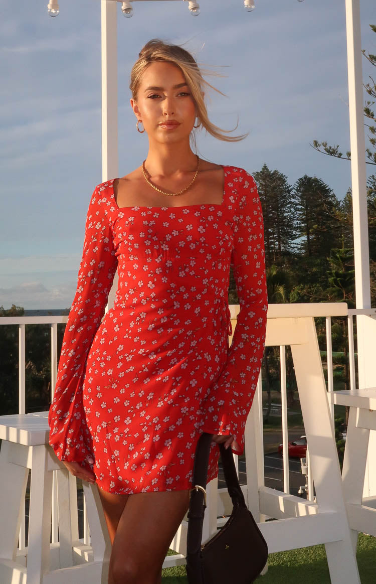 Red floral cocktail dress online