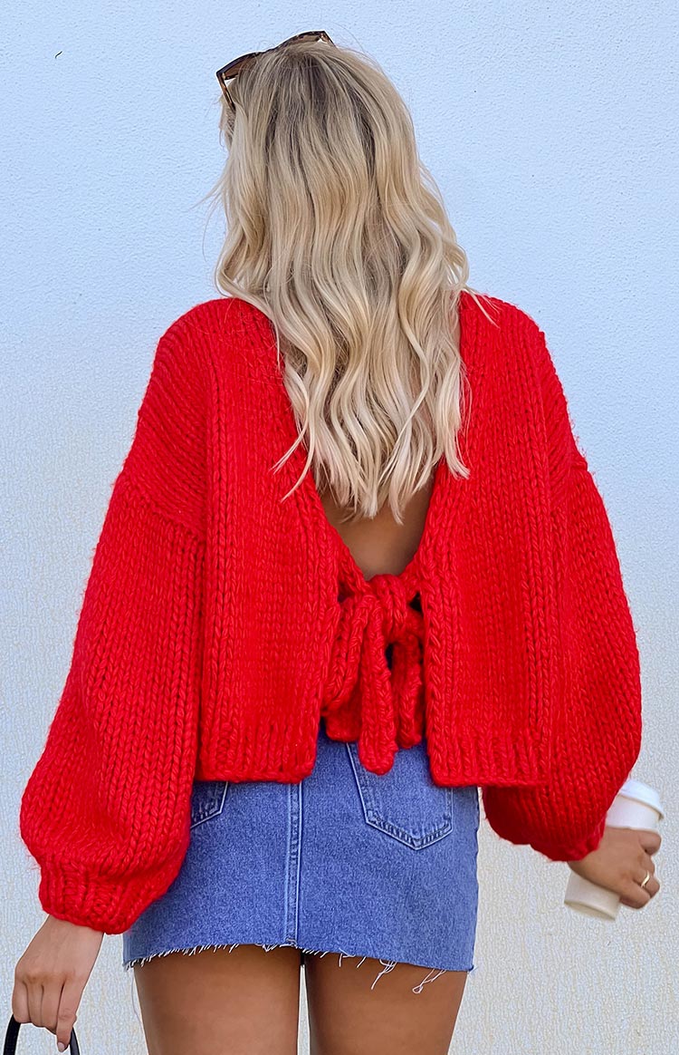 Holiday Red Tie Up Knit Cardigan Image