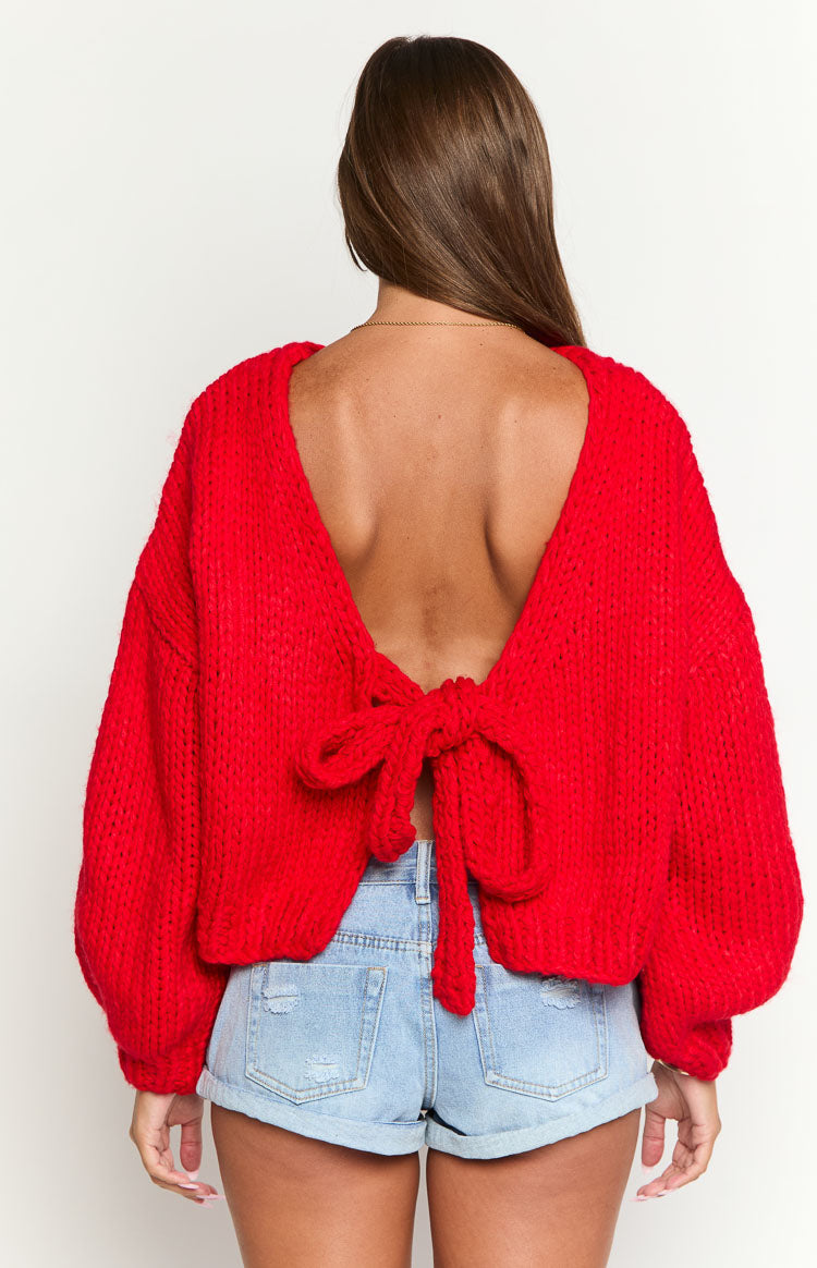 Holiday Red Tie Up Knit Cardigan Image