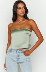 Ibiza Olive Satin Strapless Top Image