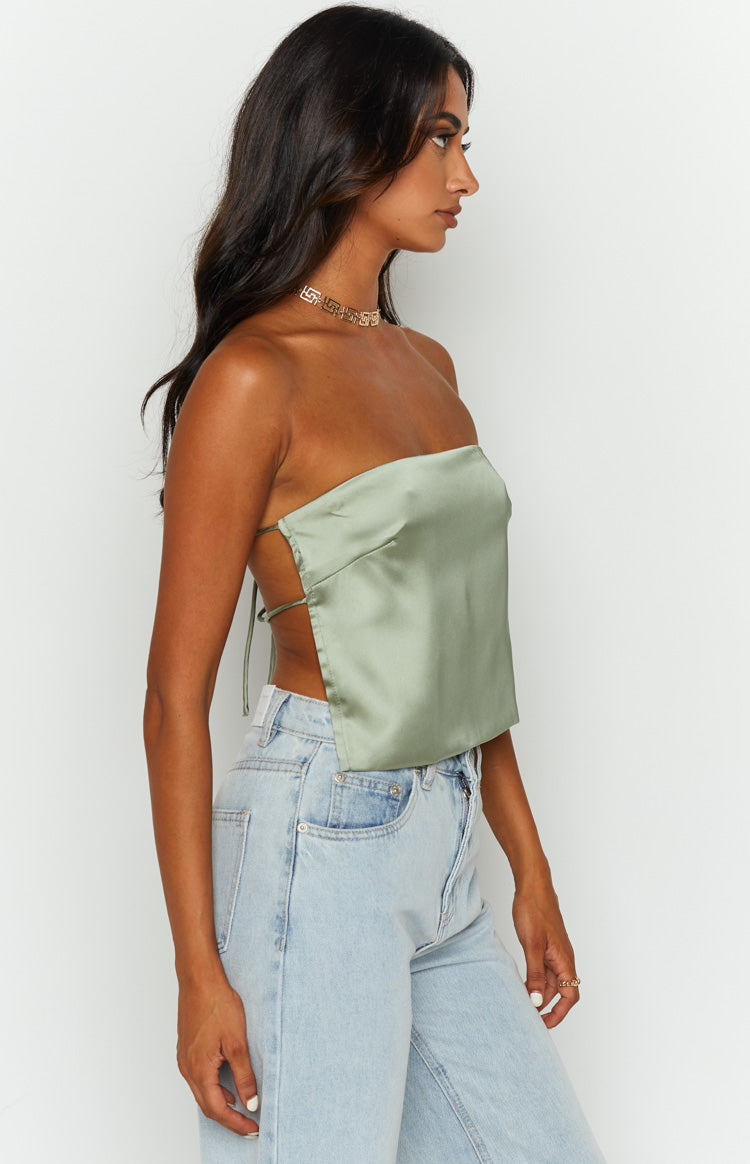 Ibiza Olive Satin Strapless Top Image