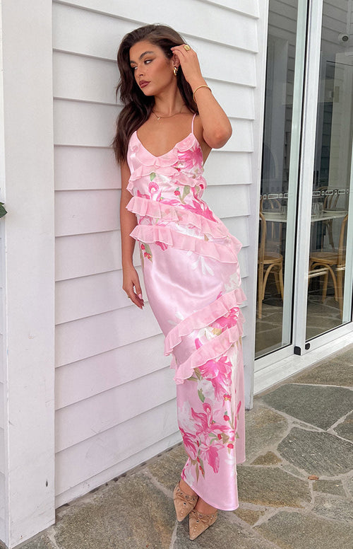 Inara Pink Floral Print Ruffle Maxi Dress Beginning Boutique US