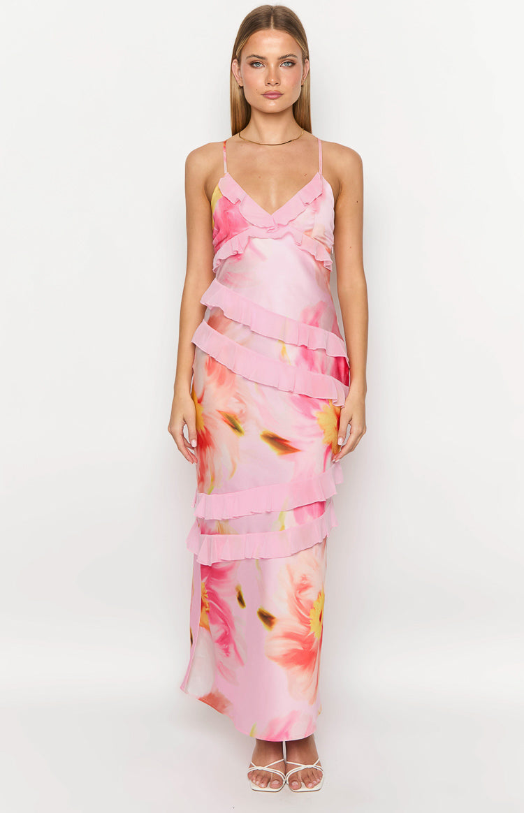 Inara Light Pink Floral Print Ruffle Maxi Dress – Beginning Boutique US