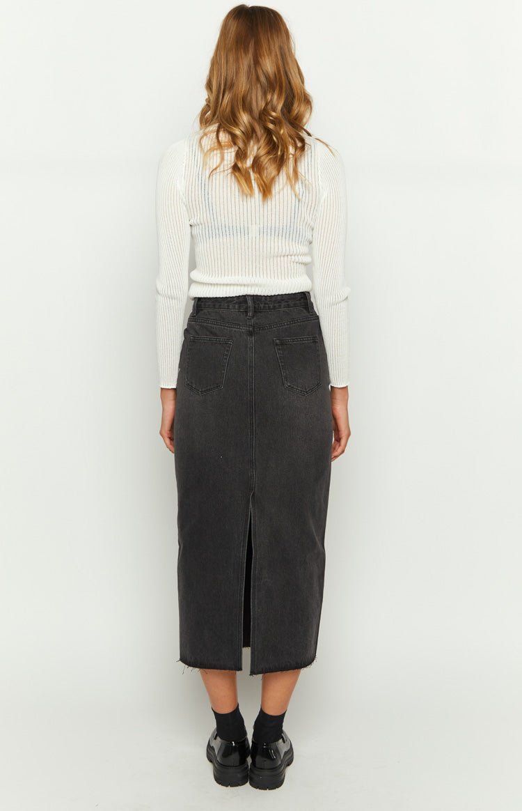 Isla Washed Black Denim Midi Boutique Skirt – US Beginning