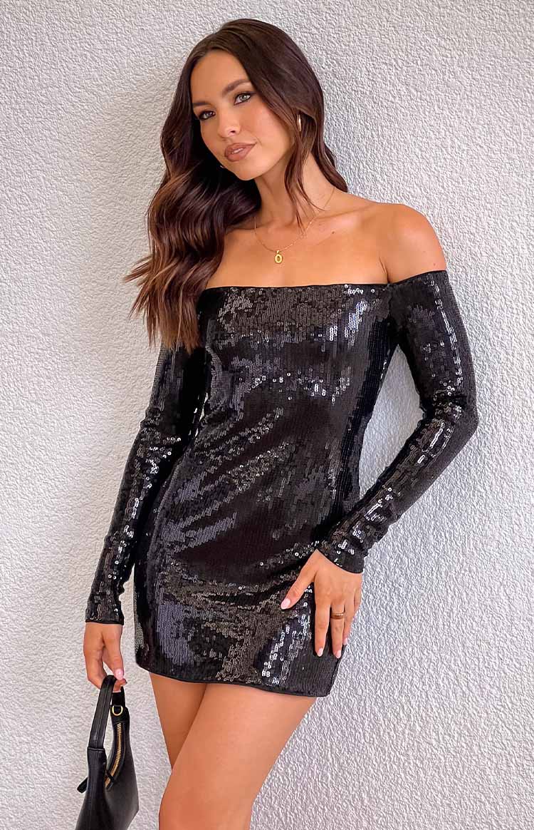 Jazmin Black Sequin Long Sleeve Mini Dress Image