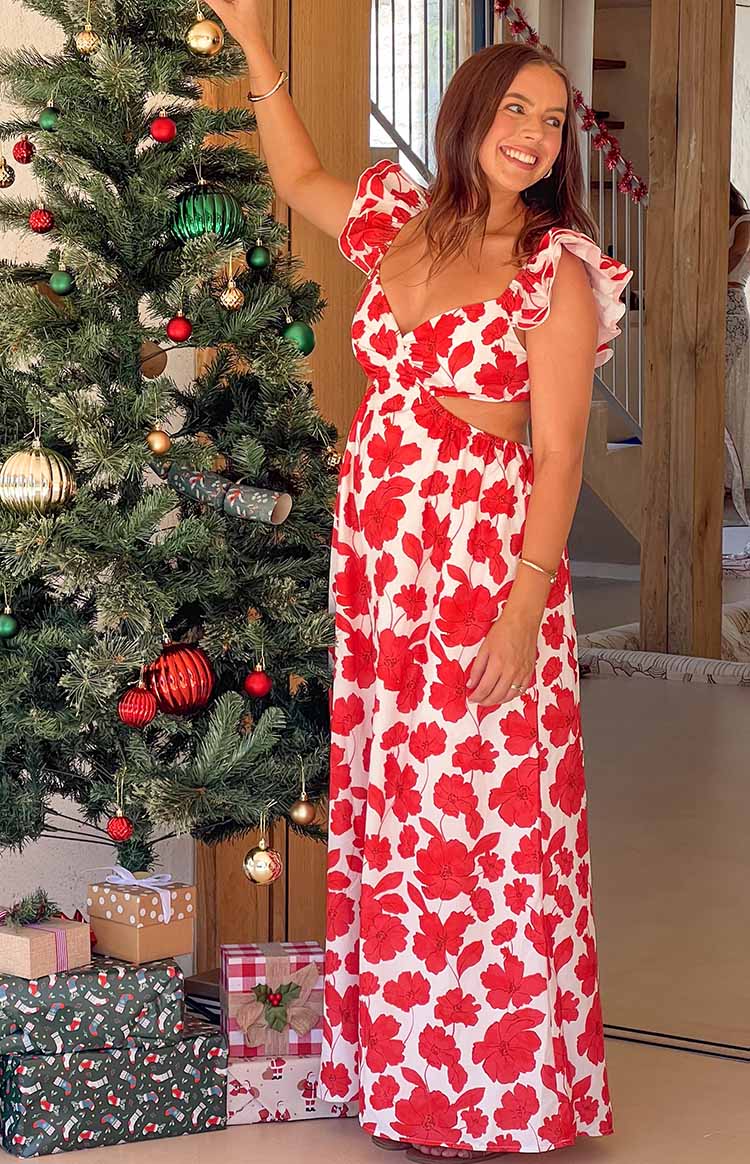 Kaden Red Anemone Floral Print Maxi Dress Image