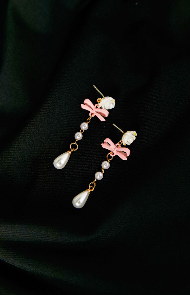 Kaia Pink Bow Pearl Drop Earrings – Beginning Boutique US