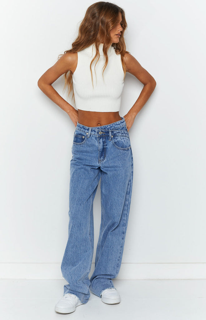 Kansis Blue Uneven Waist Jeans – Beginning Boutique US