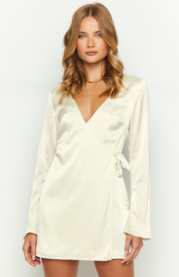 Kasya Cream Satin Long Sleeve Mini Dress – Beginning Boutique US