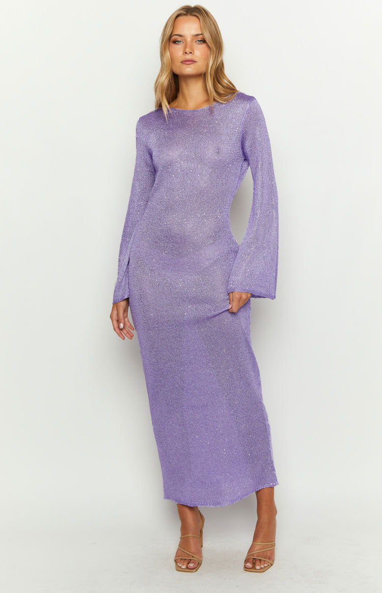 Kendrick Purple Sequin Knit Long Sleeve Maxi Dress Image