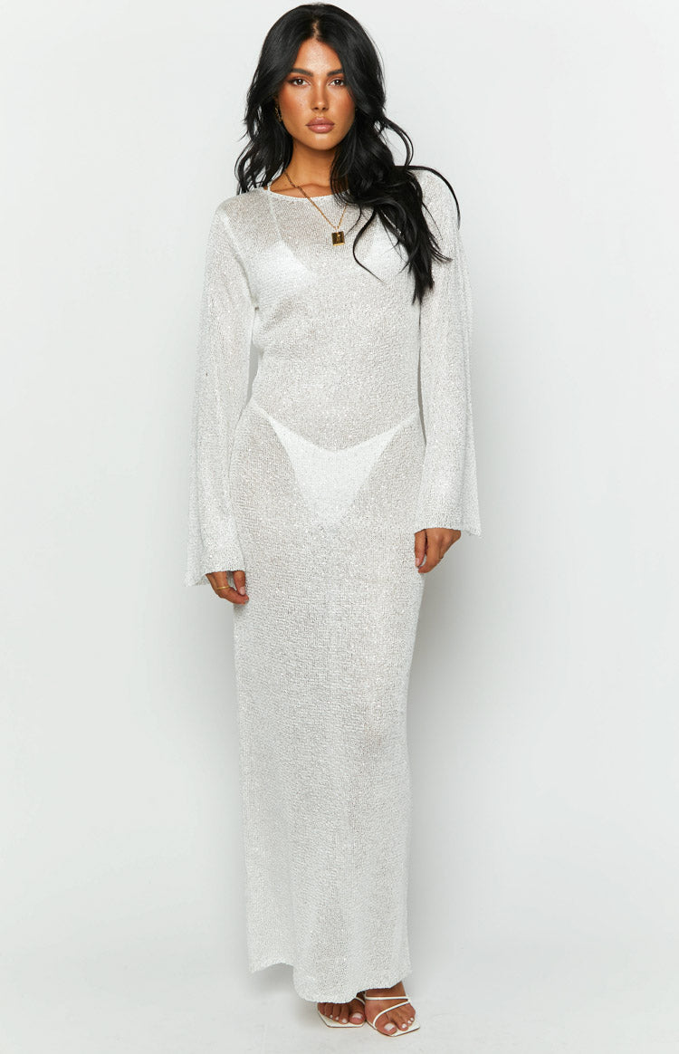 White Sheer Lace Long-Sleeve Maxi Dress - Women