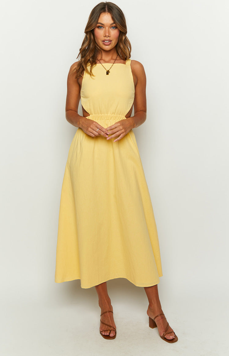 Kensington Yellow Backless Midi Dress – Beginning Boutique US