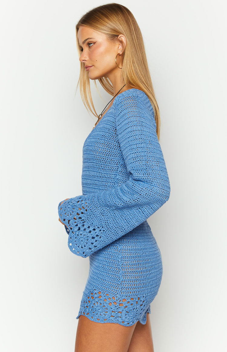 Li Blue Crochet Long Sleeve Mini Dress Image
