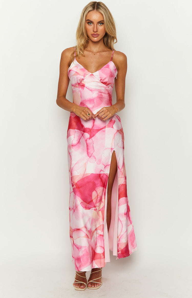 Lilie Pink Satin Print Maxi Dress – Beginning Boutique US