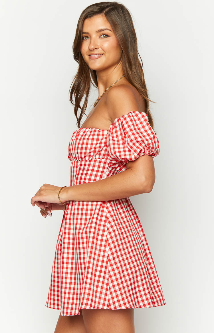 Love Lost Off The Shoulder Red Gingham Mini Dress Image