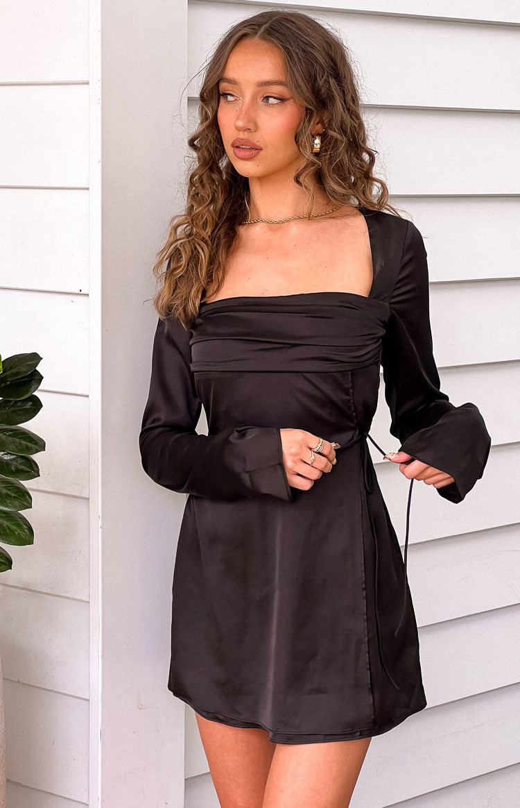Lucy Black Satin Long Sleeve Mini Dress Image