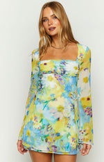 Lucy Blue Floral Long Sleeve Mini Dress Image