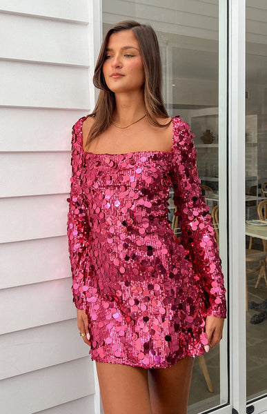 Long sleeve pink sequin shops dress