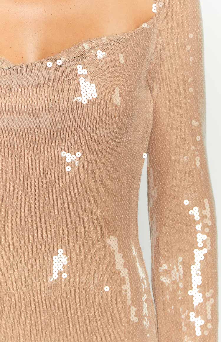 Marienne Champagne Sequin Long Sleeve Mini Dress – Beginning Boutique US