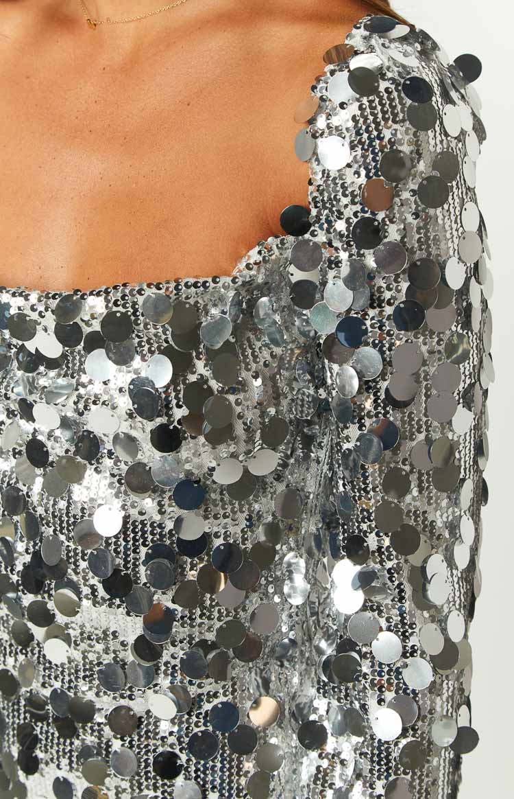 Marienne Silver Sequin Long Sleeve Mini Dress – Beginning Boutique US