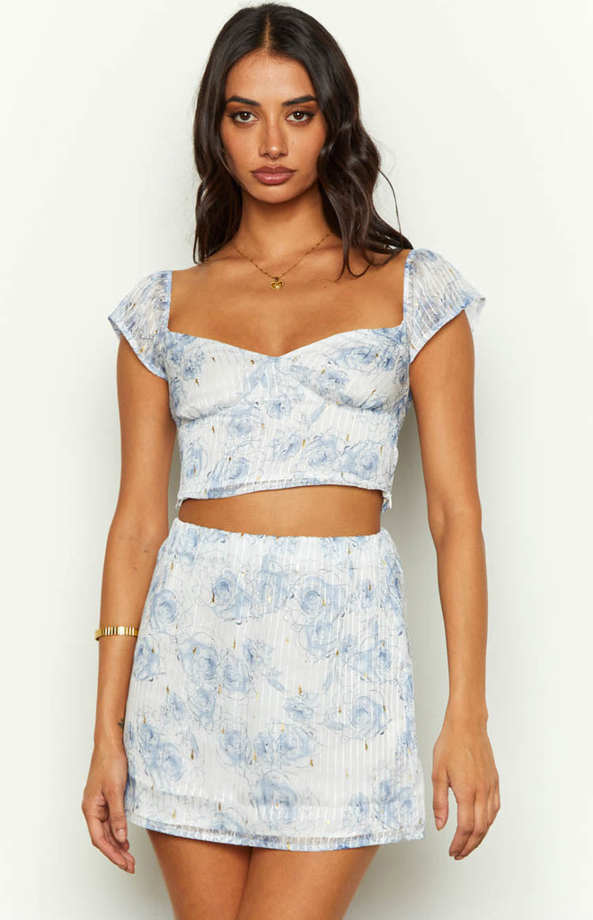 Mayia Blue Rose Print Mini Skirt – Beginning Boutique US