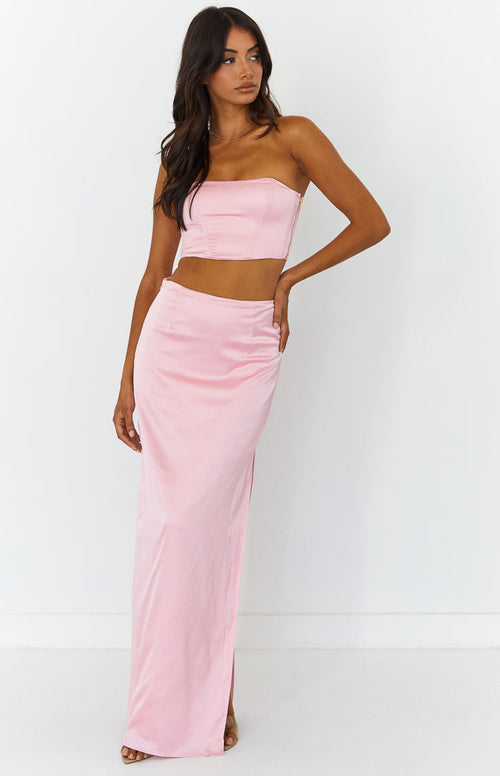 Pink Satin Lace Trim Crop Top And Maxi Skirt Set – Free From Label