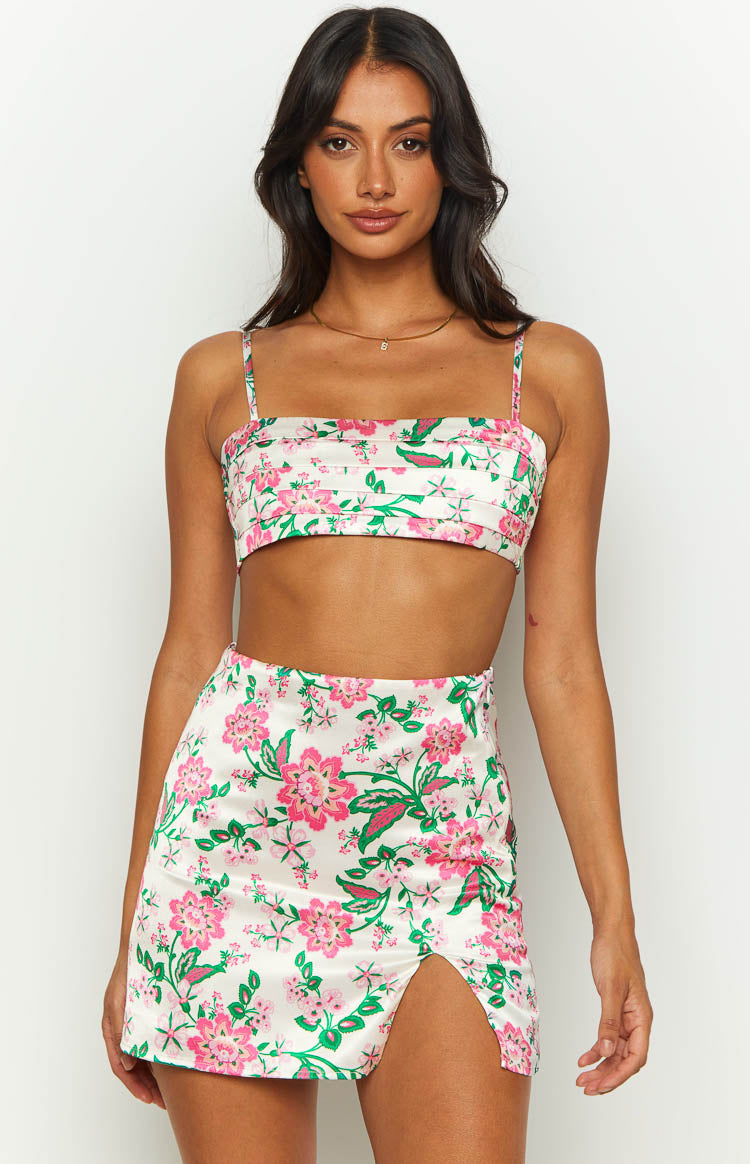 Miranda White Floral Tie Back Satin Crop Top Image