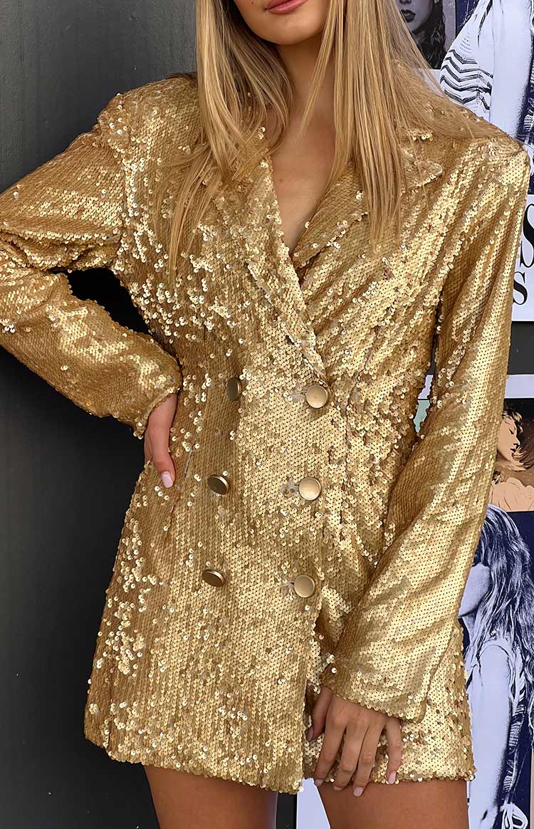 Natalie Gold Sequin Blazer Mini Dress – Beginning Boutique US